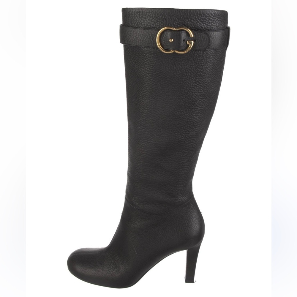 Gucci Women’s Black Leather Knee-High Heeled Boots with gold GG buckle strap - Picture 1 of 12